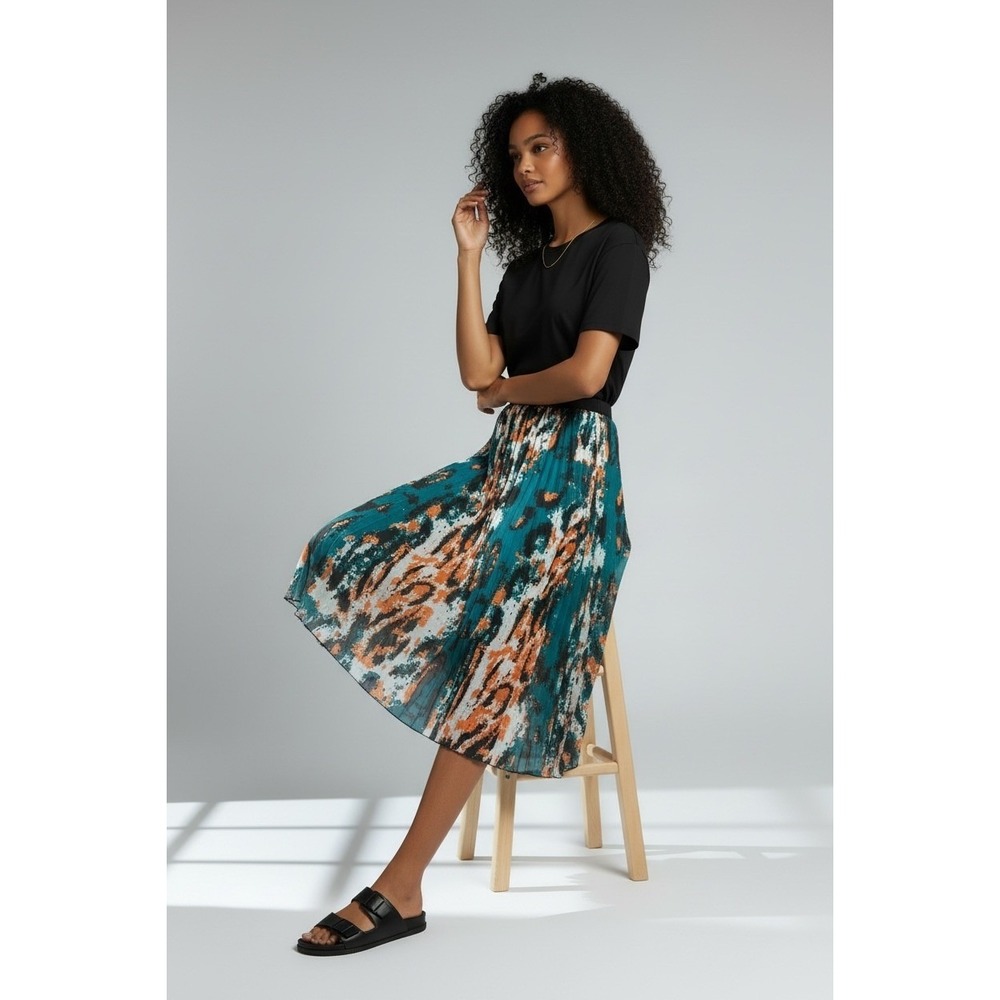 Kosmios Women Teal Orange Abstract Digital Print Pleated Midi Skirt TC5226 Large